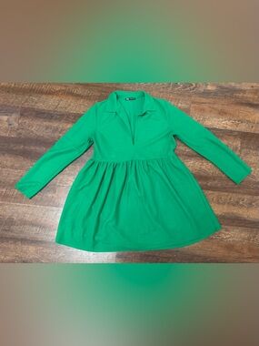 Zara Green Mini Dress Medium Collared V-Neck Long-Sleeve Flowy Babydoll